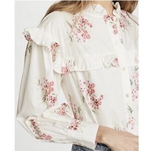 Rebecca Taylor Floral Ruffle Cotton Blouse Long‎ Sleeve Button Down Shirt Size 4
